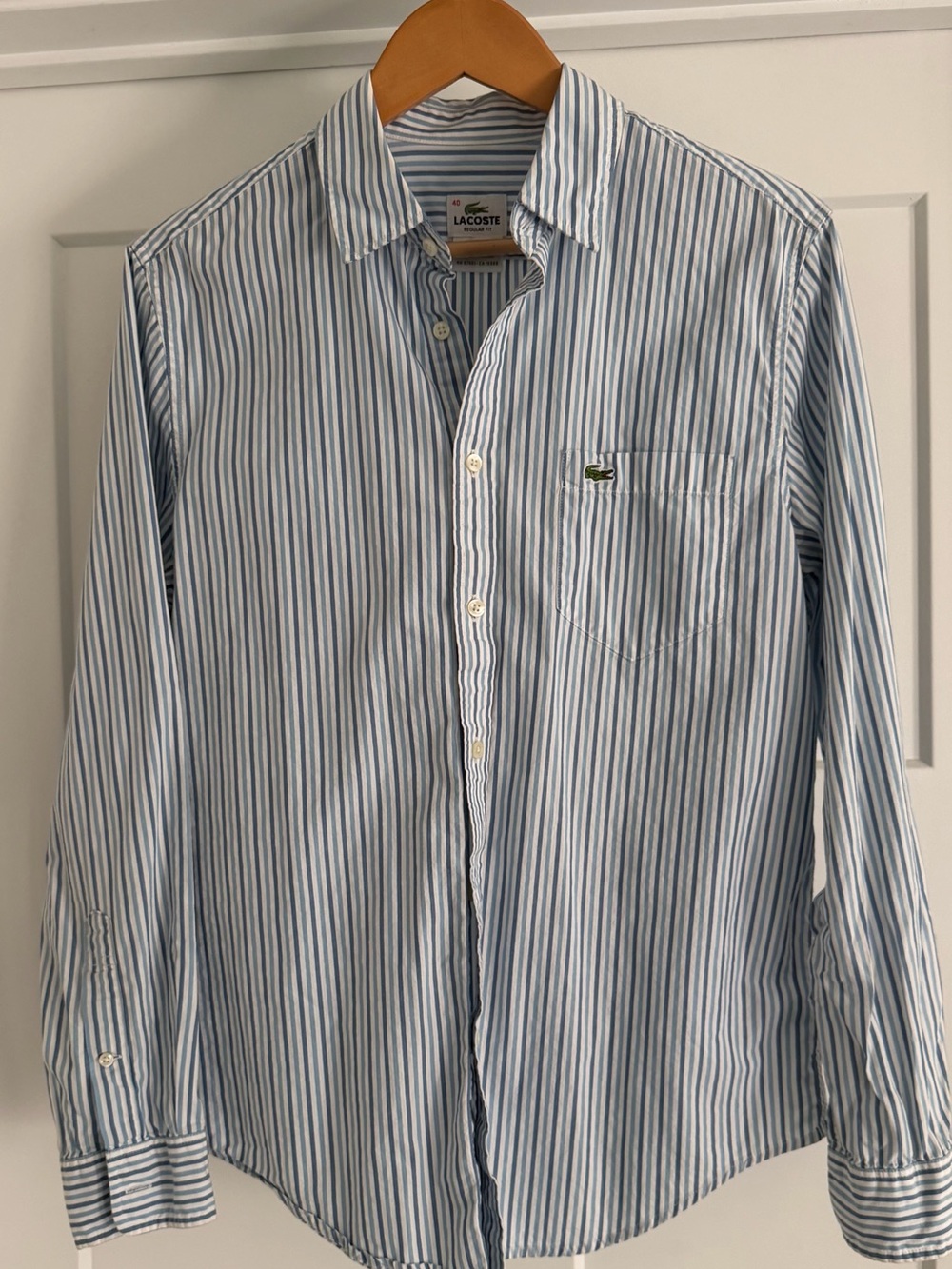 Lacoste Men’s Light Blue and White Striped Button-Down Shirt